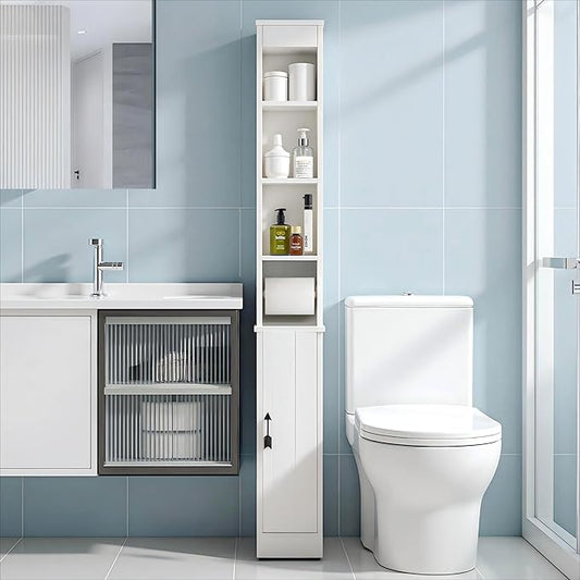VECELO 71" Tall Bathroom Storage Cabinet, Narrow Storage Cabinet with Adjustable Shelves, Toilet Paper Rod and Magnetic Door, Freestanding Slim Bathroom Storage Cabinets for Small Space, White