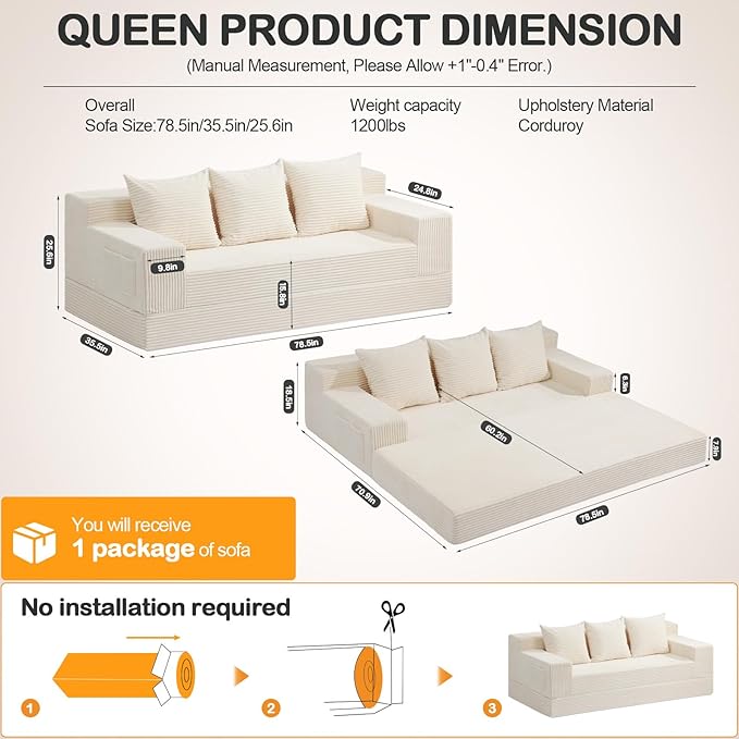 Convertible Futon Sofa Bed Couch, 78'' Corduroy Folding Sofas Bed, Compression Boneless Floor Couch Sofa Beds with 3 Pillows for Living Room Bedroom Apartment