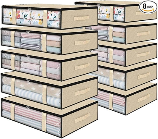 Under Bed Storage Bags 8 Pack, 40L Large Clothes & Comforter Storage Containers with Clear Window, Breathable Fabric Organizer for Blankets, Bedding, Seasonal Clothing, Beige