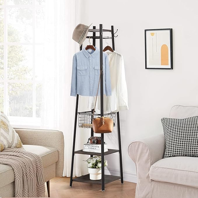 VECELO Coat Rack Freestanding,Hall Tree with Metal Basket and Storage Shelves,Industrial Coat Rack Stand with 8 Hooks for Hanging Coats/Hats/Bags/Umbrellas,18 x 18 x 72 In,Walnut Brown