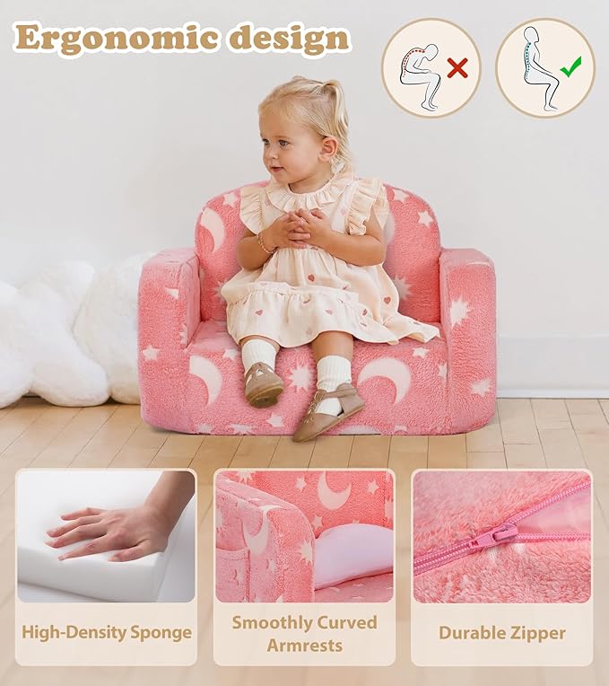 Kids Couch, 2-in-1 Soft Toddler Couch Fold Out with Blanket and Cloud Pillow, Glow in The Dark, Convertible Sofa, Gifts for Kids Girl Boys, Medium Pink Moon