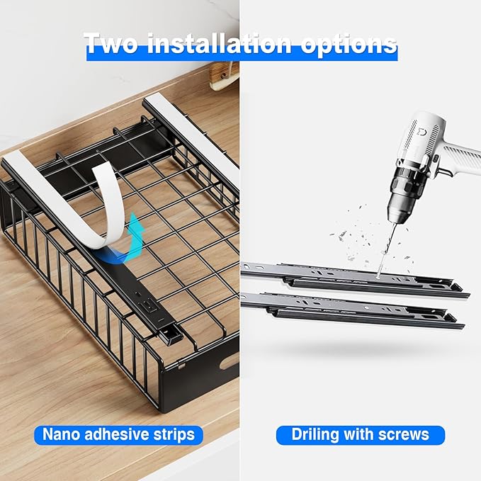 2 Pack Pull Out Cabinet Organizer, Slide Out Drawers for Cabinets, Peel and Stick, Heavy Duty Shelves for Kitchen, Cupboard, Pantry, Bathroom (16.5" D*11.8" W*3.94" H-Black)