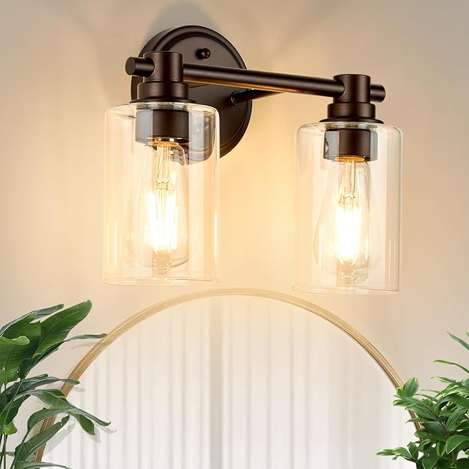 Bathroom Light Fixtures Wall Sconce Light with Clear Glass Oil Rubbed Bronze 2 Lights Bathroom Lighting Over Mirror Vanity Lights for Living Room,Bedroom,Restroom,Hallway E26 Base