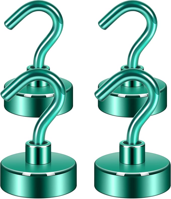 Neosmuk Magnetic Hooks,Heavy Duty Earth Magnets with Hook for Refrigerator, Extra Strong Cruise Hook for Hanging, Magnetic Hanger for Cabins, Grill (Green, 4 Pack)