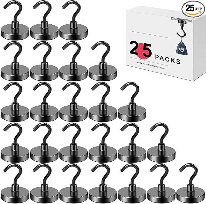 LOVIMAG Magnetic Hooks for Cruise Cabins, 85lbs Black Magnetic Hooks for Classroom, Strong Magnets with Hook for Hanging, Neodymium Magnet Hook for Fridge, Ceiling, Locker, Camper, Travel-25 Pcs