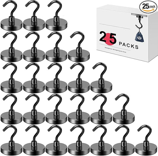 LOVIMAG Magnetic Hooks for Cruise Cabins, 85lbs Black Magnetic Hooks for Classroom, Strong Magnets with Hook for Hanging, Neodymium Magnet Hook for Fridge, Ceiling, Locker, Camper, Travel-25 Pcs