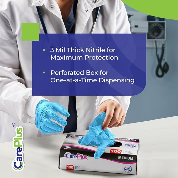 CARE PLUS Nitrile Gloves for Medical Use - Powder & Latex-Free - Black/Blue - S, M, L, XL - 100, 200, 1000