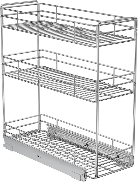 ROOMTEC 3-Tier Pull Out Cabinet Organizer for Narrow Cabinet (5.5" W X 20.5" D), Kitchen Cabinet Organizer and Storage Cabinet Pull Out Shelves Under Cabinet Storage for Kitchen, Chrome