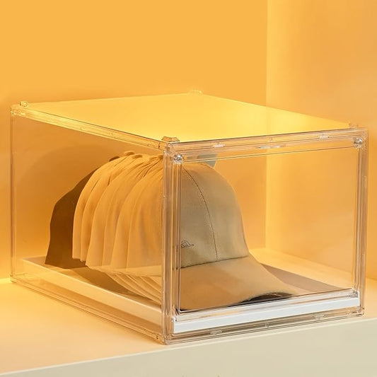 Hat Organizer Cap Box, Stackable Clear Baseball Caps Holder Containers with Magnetic Door for Hats Snapback Cap Storage, Pull Out Drawer Hat Rack Display Case (1pack)