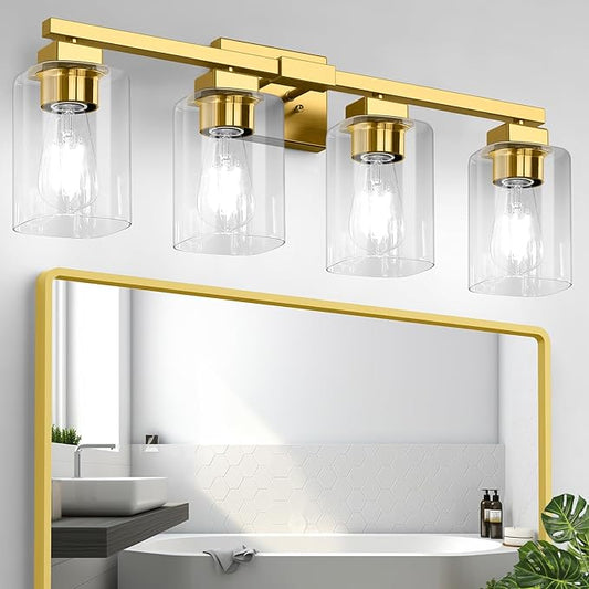 Bathroom Vanity Light, 27" 4-Light Modern Matte Gold Wall Sconce Lighting with Clear Glass Shade, Gold Wall Lights,Bath Vintage Wall Mounted Lamps for Mirror Bedroom Living Room
