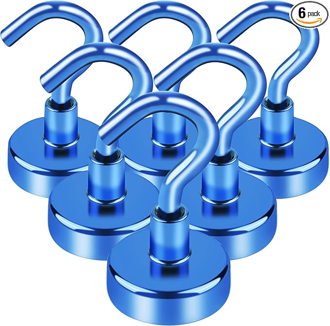 LOVIMAG Magnetic Hooks，30Lbs Magnet Hooks for Cruise Cabin, Magnetic Hooks for Hanging, Fridge, Classroom, Refrigerator, Ceiling, Office, Kitchen. Grill, Garage-6 Pack of Blue