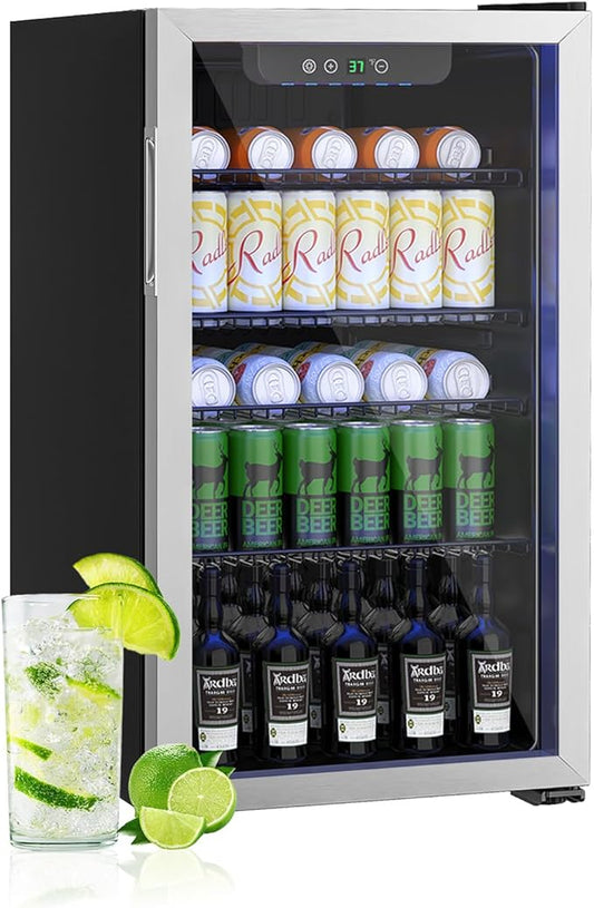3.2 Cu.ft Beverage Refrigerator Cooler, 126 Can Mini Fridge with Glass Reversible Door, Digital Temperature Display for Soda, Beer or Wine For Office Bar with Adjustable Removable Shelves