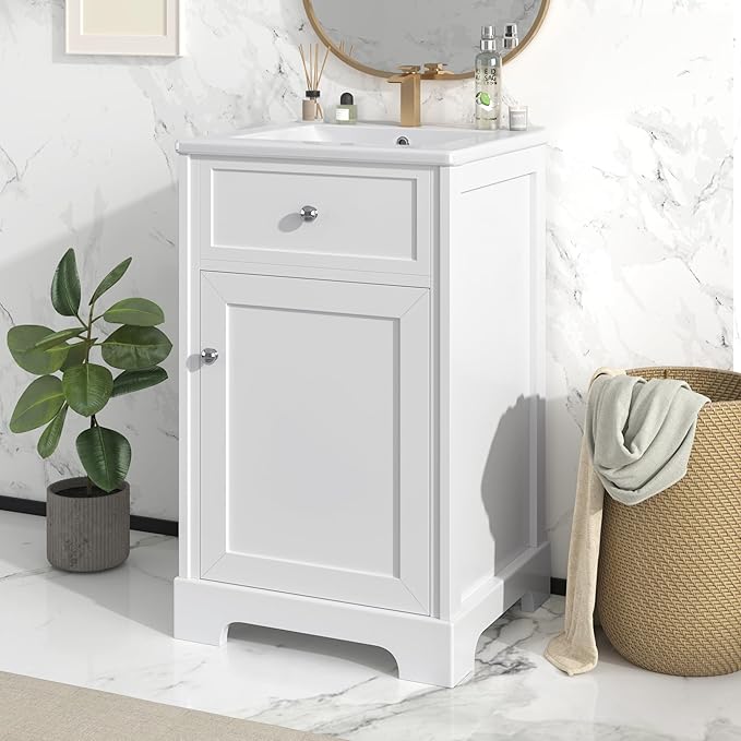 Merax 20 Inch Small Bathroom Vanities Storage Cabinet with Undermount Sink, Two-Tier Door Shelf, White