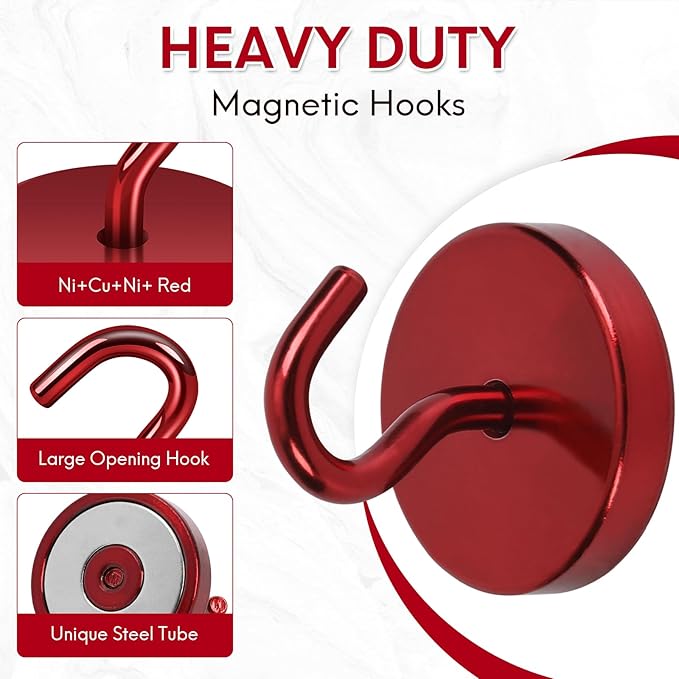 Neosmuk Magnetic Hooks, Heavy Duty 170lb Strong Magnets for Cruise Cabins, Ship Essentials, Large Metal Hooks for Hanging on Fridge(Red,Pack of 4)