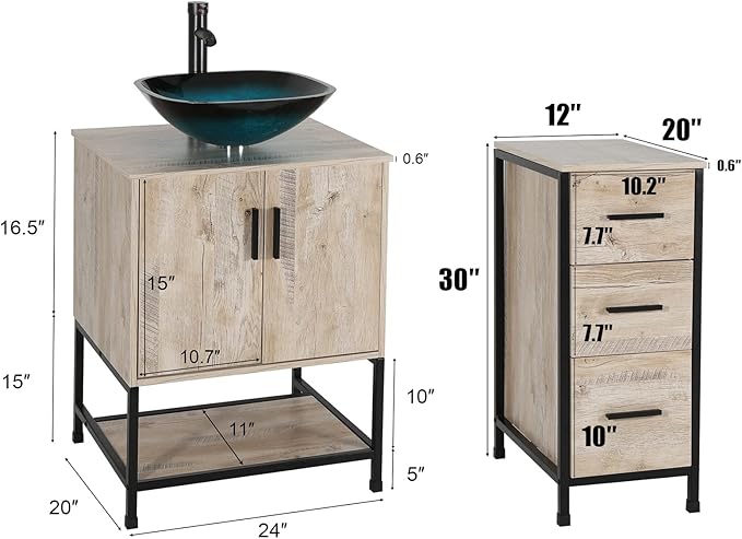 eclife 36" Bathroom Vanity Sink Combo Modern Metal Stand Cabinet W/Bottom Shelf & Storage Side Cabinet Turquoise Square Vessel Sink & Water Save Faucet & Pop Up Drain, Oak (A10)
