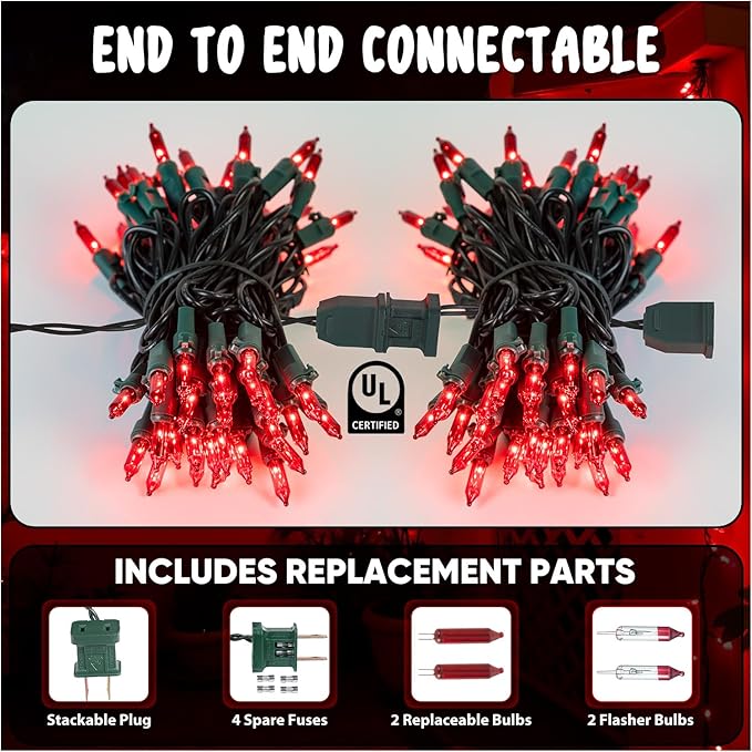 2Pack Red Christmas Lights, 13FT 50-Count Incandescent Halloween Mini Light with Green Wire, UL Certified Connectable Valentine's Day Lights Waterproof for Garland Party Xmas Holiday