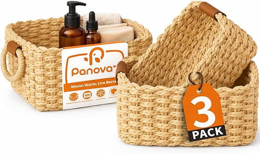 Storage Basket, Recycled Paper Rope Bathroom Basket Organizer, 3Pcs Small Baskets for Organizing, Mini wicker Basket for Decorative Storage Bins, Shelves, Bathroom, Cabinet - Beige