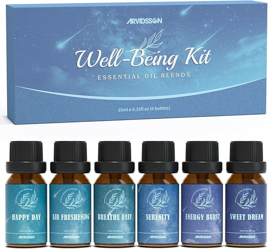 ARVIDSSON Essential Oil Blends Set, Well-Being Blend Gift Set - Sweet Dreams, Happy, Serenity, Breathe, Energy, Air Freshening, Natural Essential Oils for Diffusers, Candle Making