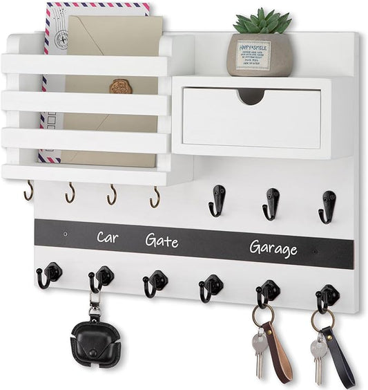 Nekon Key Holder Wall Mount, Rustic Mail and Keys Shelf for Wall Organization with 13 Hooks, Home Decor Accessory with Drawer, White