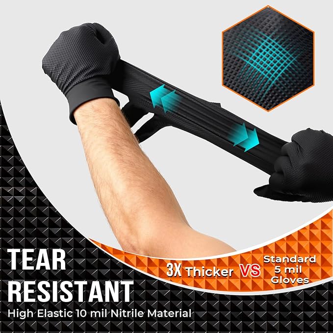 Black 10 Mil Nitrile Gloves, Diamond Textured Grip, Extra Thick Heavy Duty Disposable, Latex-Free, Tear & Chemical Resistant, Multipurpose Gloves for Kitchen, Cleaning, Medium