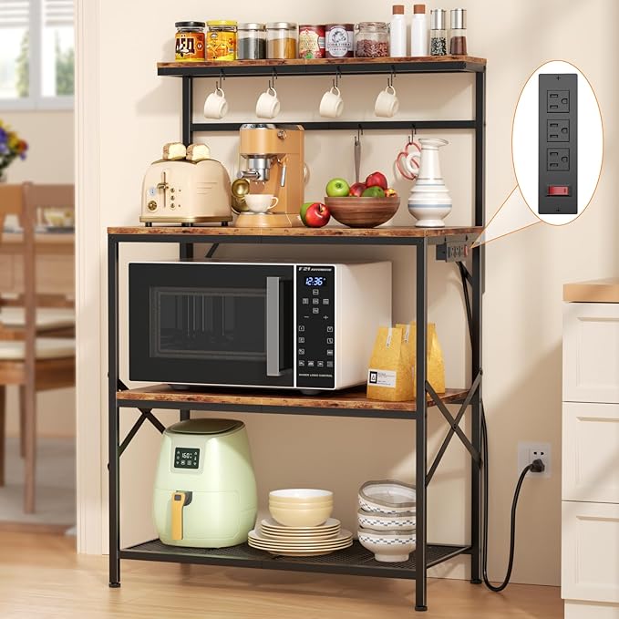 Bakers Racks for Kitchens with Power Outlets, Microwave Stand with 31.5 x 15.7 Inch Larger Desktop, Coffee Bar with Adjustable Middle Shelf, 8 S-Shaped Hooks, Rustic Brown