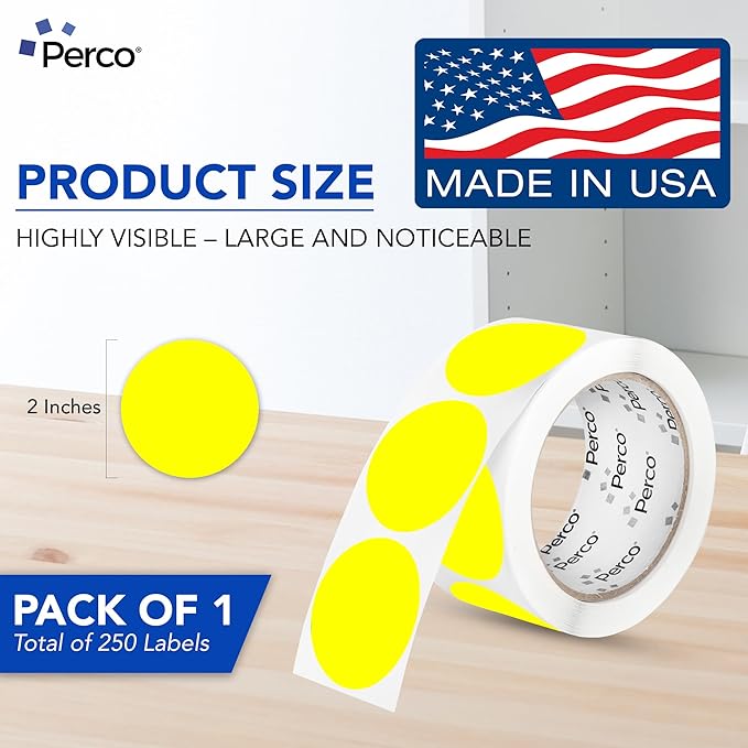 Perco Fluorescent Yellow 2-Inch Perforated Circle Dot Sticker Labels — 250 Round Stickers Per Roll — with Permanent Adhesive for Organizing, Color Coding, Bin Labeling, Packaging Alerts — Made in USA
