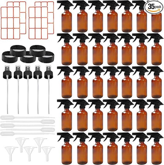 35 Pcs Glass Spray Bottles 8 oz Refillable Trigger Sprayers with Funnels for Essential Oil Cosmetic and Cleaning Solutions Containers with Labels, Droppers, and Spare Lids (Brown)