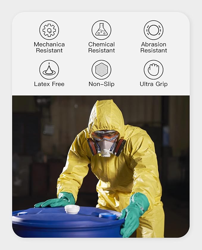 PACIFIC PPE 2 Pairs Nitrile Chemical Resistant Gloves, Flocked, Resist Household Acid, Alkali, Latex Rubber Free, 15 mil, 12.6", X-Large