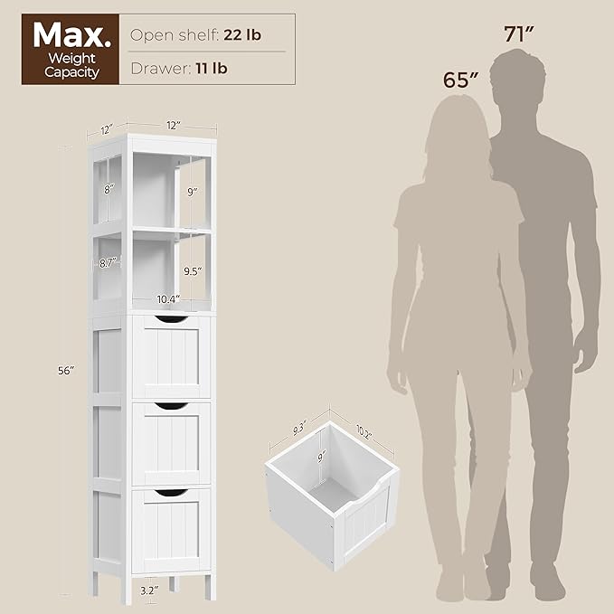 Yaheetech 56” Tall Bathroom Storage Cabinet, Slim Storage Organizer with 3 Drawers & 2 Shelves, Narrow Freestanding Floor Cabinet for Living Room/Hallway/Corner/Small Space, White