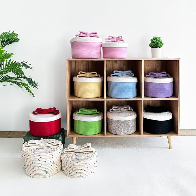 Cute Storage Baskets with Lids, Small Round Woven Rope Basket with Lid, Small Toy Box for Kids, Cat or Dog, Cute Basket for Gift, Toy or Home Decor, Chic Bow Handle (yellow)