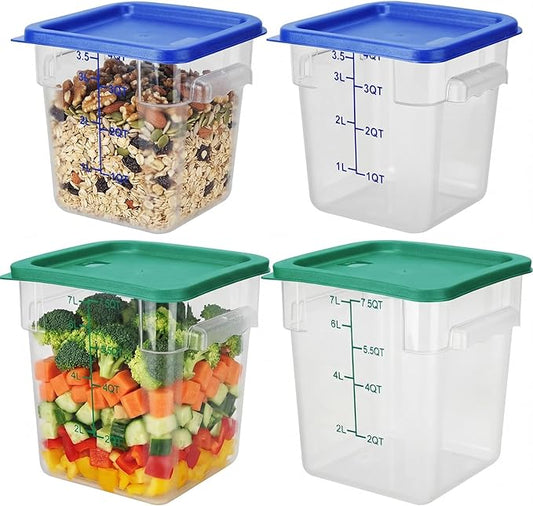 Lallisa 4 Pcs 8qt & 4qt Clear Food Storage Containers with Lids Handles and Scales, Stackable Plastic Square Food Storage Containers for Dough Proofing Baking Kitchen Restaurant(Blue, Green)