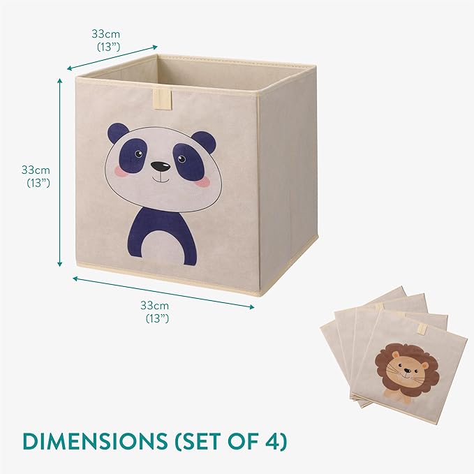 Navaris Toy Storage Boxes - Kids Bedroom Cube Baskets w/ Pull-Out Loop - Fabric Collapsible Box Drawers Unit for Shelves - Compatible with Ikea Kallax Inserts - Set of 4 Animals