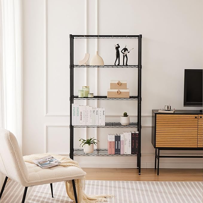 5-Wire Shelving Metal Storage Rack, Adjustable Steel Wire Racks, Heavy Duty Standing Shelf Organizer for Kitchen, Closet, Pantry, Garage, Laundry, Bathroom, Black