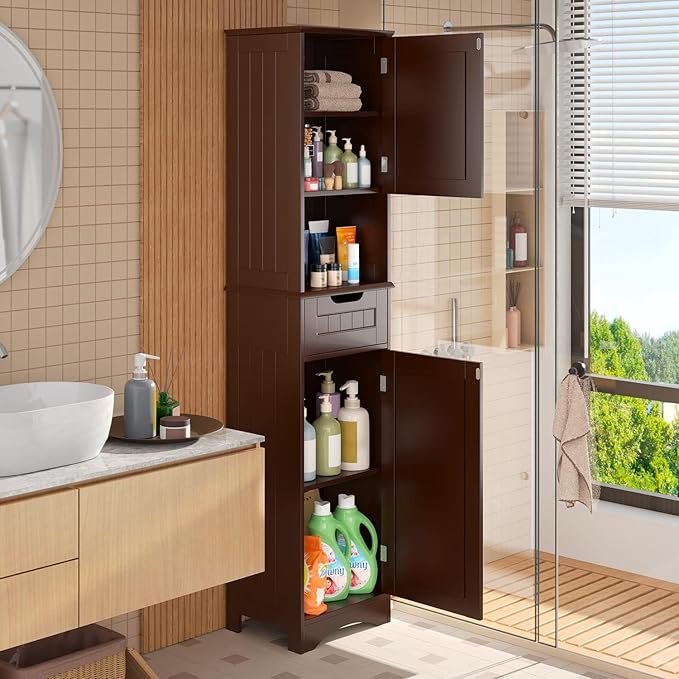 Gizoon 67" H Tall Bathroom Cabinet, Storage Cabinet with 2 Doors & Drawer, Narrow Linen Tower Freestanding Adjustable Shelves for Home, Kitchen, Versatile, Anti-Tipping, Dark Brown | Tall, 2 Doors, Drawer, Narrow, Freestanding, Adjustable Shelves