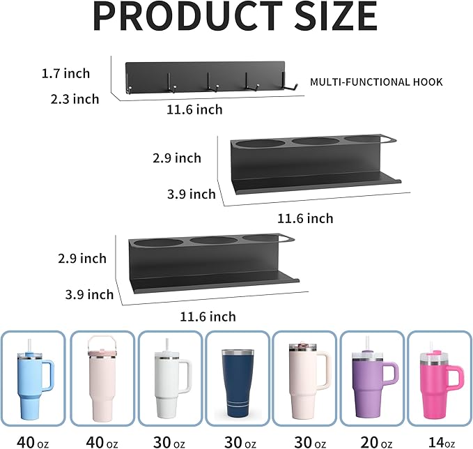 Magnetic Cup Holder for Stanley 40 & 30 oz Tumbler Organizer with 6 Slots and Hanging Hooks, Magnetic Fridge Water Bottle Organizer for Tumblers, Cups and Bottles – 3-Pack Black
