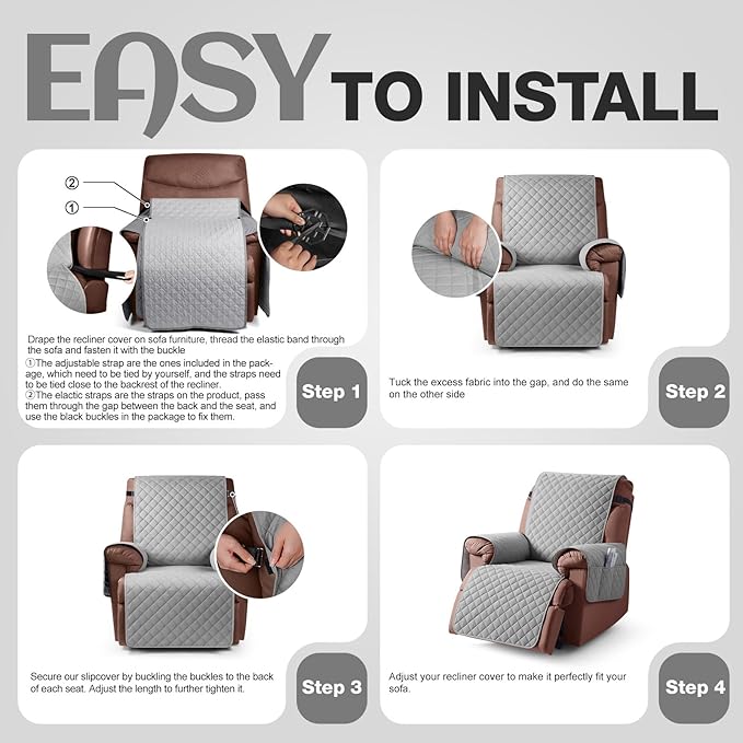 KinCam 100% Waterproof Recliner Chair Cover, Reclining Couch Covers for Pets, Dogs, Recliner Couch Slipcover Furniture Protector with Elastic Straps for Kids(25", Light Gray)