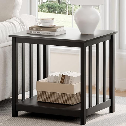 Treocho End Table, 24 Inch Square Side Table Living Room with 2-Tier Storage Shelf, Modern Nightstand for Living Room, Bedroom, Office, Black