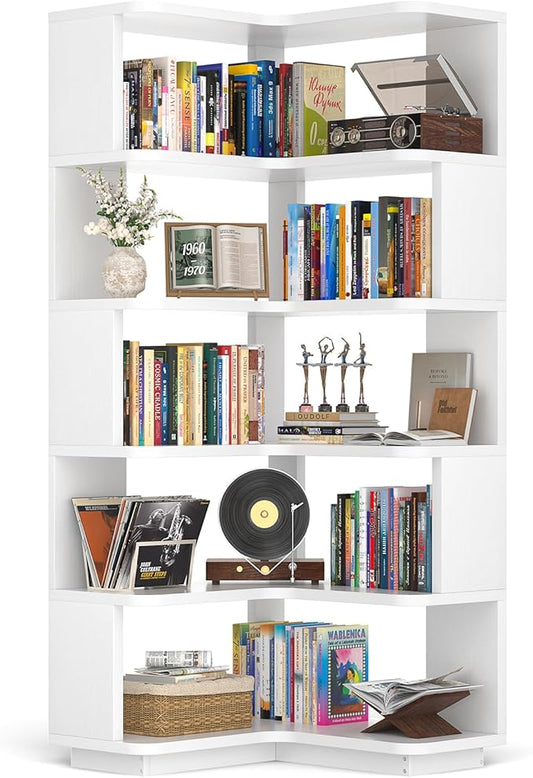 Armocity Corner Book Shelf - 6 Tier Corner Bookshelf Etagere Bookcase with Baffle, Freestanding L Shaped Display Shelf Stand for Home Office, Living Room, Bedroom, Kitchen, White