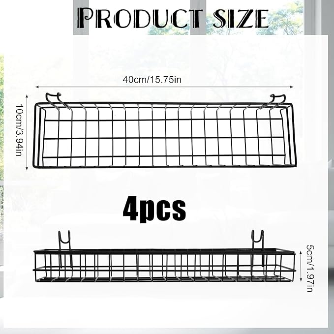 4 Pcs 15.75 x 3.94 x 1.97 Inch Metal Grid Wall Baskets with Hooks Grid Wall Shelves Hanging Wire Basket Multi Function Storage Organizer for Kitchen Organizing Display (Black)