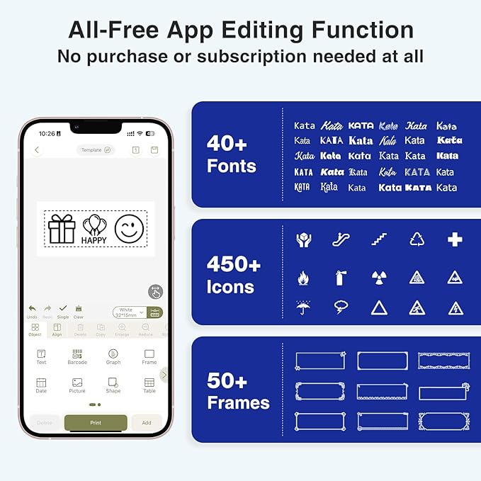SUPVAN E11 Bluetooth Label Maker Machine with 4 Tapes, Support Keyboard & App with 40 Fonts and 650+ Icons, Rechargeable Inkless Labeler for Home, Kitchen, Office, School, Organization, Black