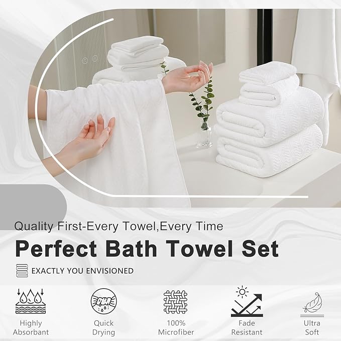 8 Piece Bath Towel Set White — 2 Oversized Large Bath Sheet,2 Hand Towels,4 Washcloths — Ultra Soft Cozy Bath Towel Set for Bathroom Hotel Gym Spa,Highly Absorbent & Quick Dry Bathroom Towel Collections