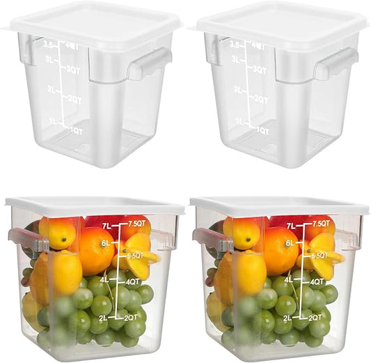 Lallisa 4 Pcs 8qt & 4qt Clear Food Storage Containers with Lids Handles and Scales, Stackable Plastic Square Food Storage Containers for Dough Proofing Baking Kitchen Restaurant(White)