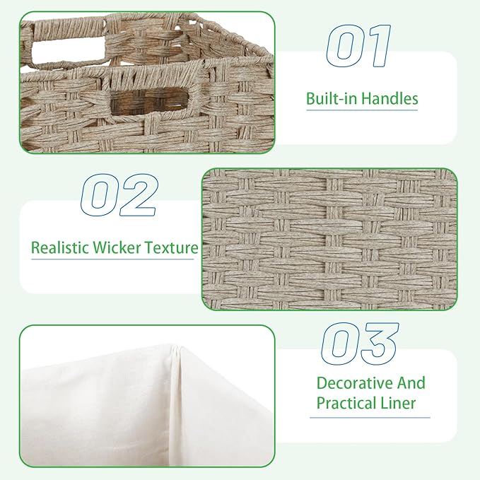 Bidtakay Wicker Storage Baskets for Organizing 4-Pack Hand-Woven Imitation Wicker Cube Storage Bins with Liners for Shelves Closet Cabinet 11x11 Waterproof Cube Organizer for Pantry-Greyish Beige