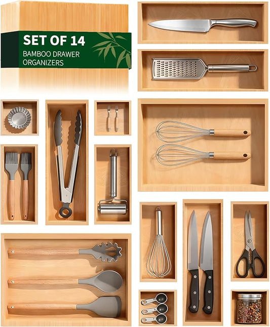 Bamboo Drawer Organizer 14 Pcs for Kitchen Multi-purpose Storage Dividers for Kitchen, Office, Jewelry, Cosmetics, Wooden Drawer Dividers for Drawer Organizer Desk Organizer Gift for Women Gifts Idea