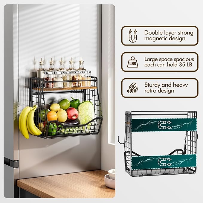 Strong Magnetic Shelf for Fridge 2-in-1 Magnetic Spice Rack for Refrigerator with Wood Top, Extra-Wide Heavy Duty Rust-Proof Fridge Organizer Basket for Potato Onion Fruit Kitchen Pantry Storage-1pcs