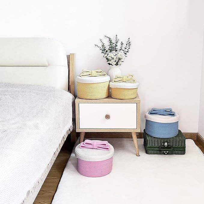 Cute Storage Baskets with Lids, Small Round Woven Rope Basket with Lid, Small Toy Box for Kids, Cat or Dog, Cute Basket for Gift, Toy or Home Decor, Chic Bow Handle (pink)
