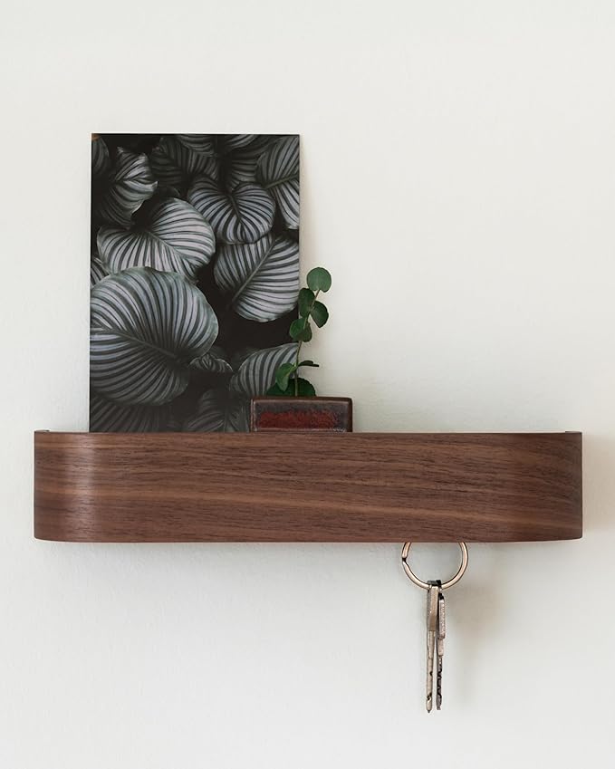 Kazai. Key Holder 'Toke' | Minimalist Key Hook Design from Berlin | Modern Key Holder Wall Mount with Wooden Shelf | Key Rack for Wall as Entryway Organizer | Walnut
