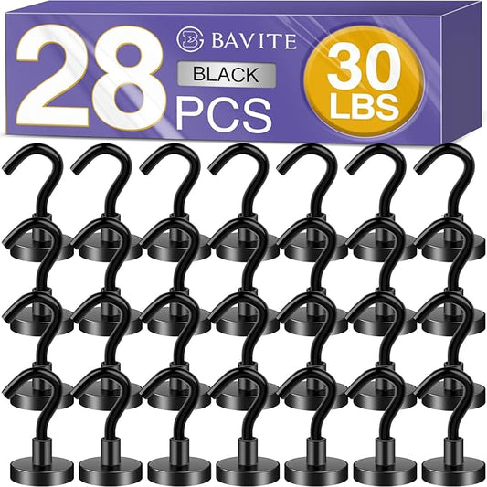 E BAVITE Magnetic Hooks,30Lb Magnetic Hooks Heavy Duty with Epoxy Coating, Magnet Cruise Hook for Hanging, Cruise, Grill, Towel, Home, Kitchen, Workplace, Office and Garage - 28 Pack（Black）