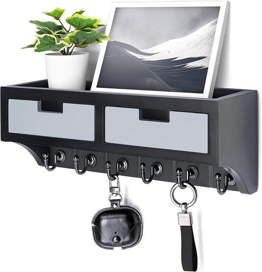 Rebee Vision Key Holder Wall Mount with 2 Organizer Drawers : Decorative Mail Organizer for Wall with 6 Key Hooks and Small Wall Shelf - Modern Aesthetic Room Decor (Black & Gray)