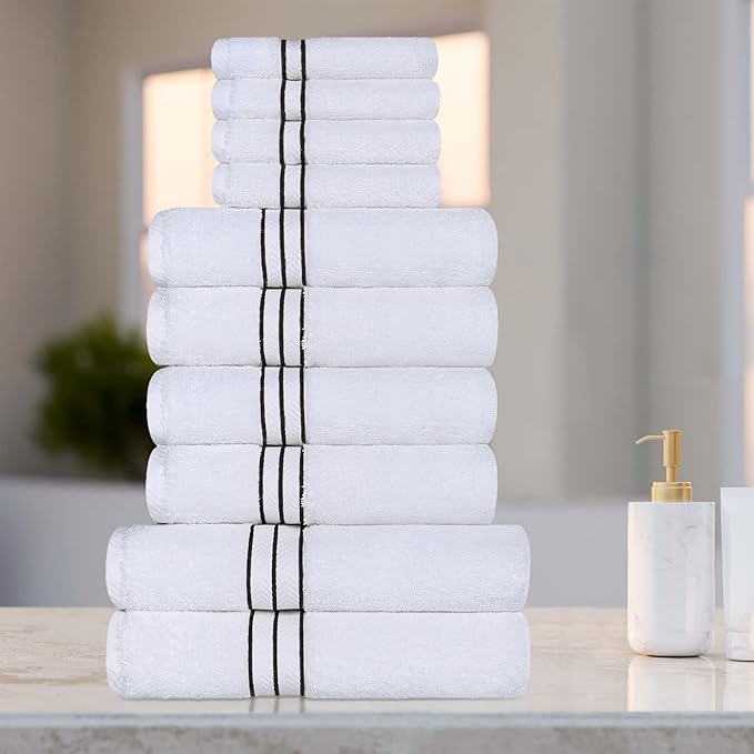 Superior Hotel Turkish Cotton 10 Piece Towel Set, Ultra Plush Spa Quality Heavyweight Essentials for Bathroom, Thick Absorbent and Soft, Dobby Border, Includes 2 Bath 4 Hand 4 Washcloths, Black